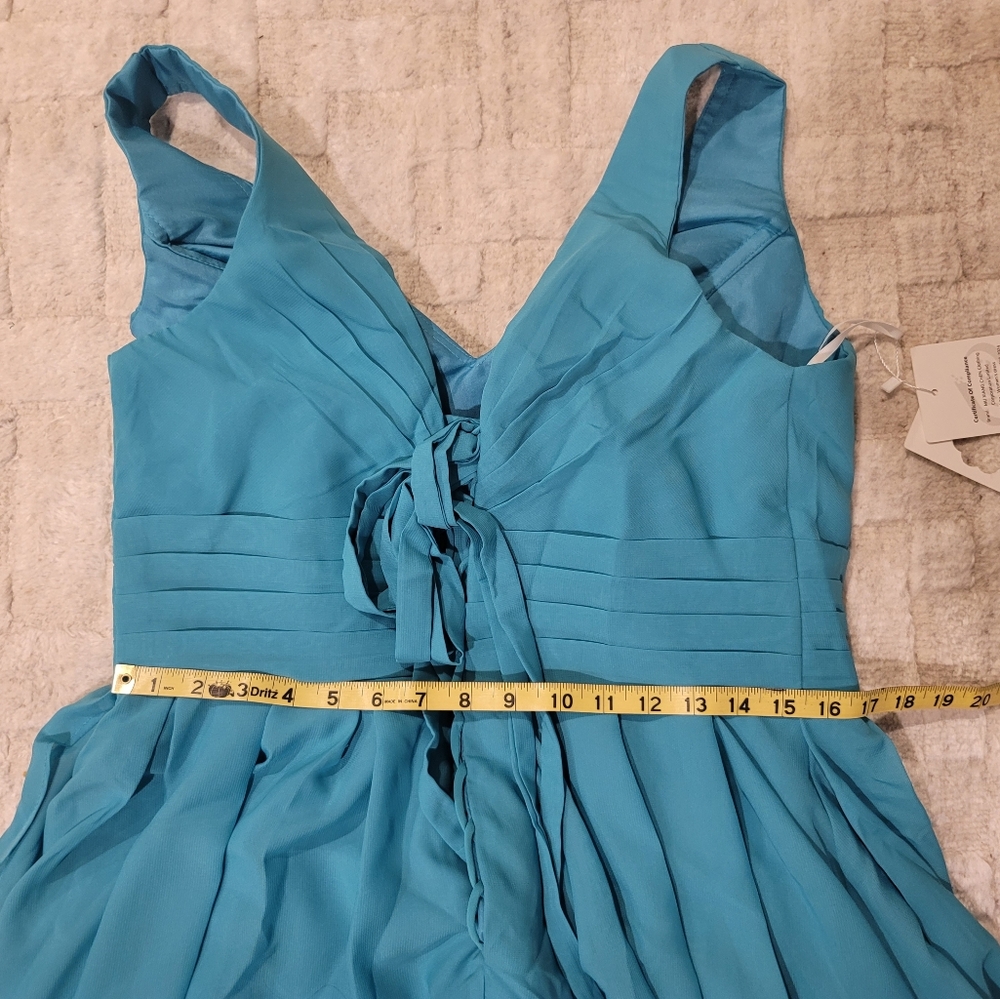 NWT MU XIANG CHEN Teal Chiffon Corseted Fit and Flare Short Dress Size 18 - Picture 13 of 16